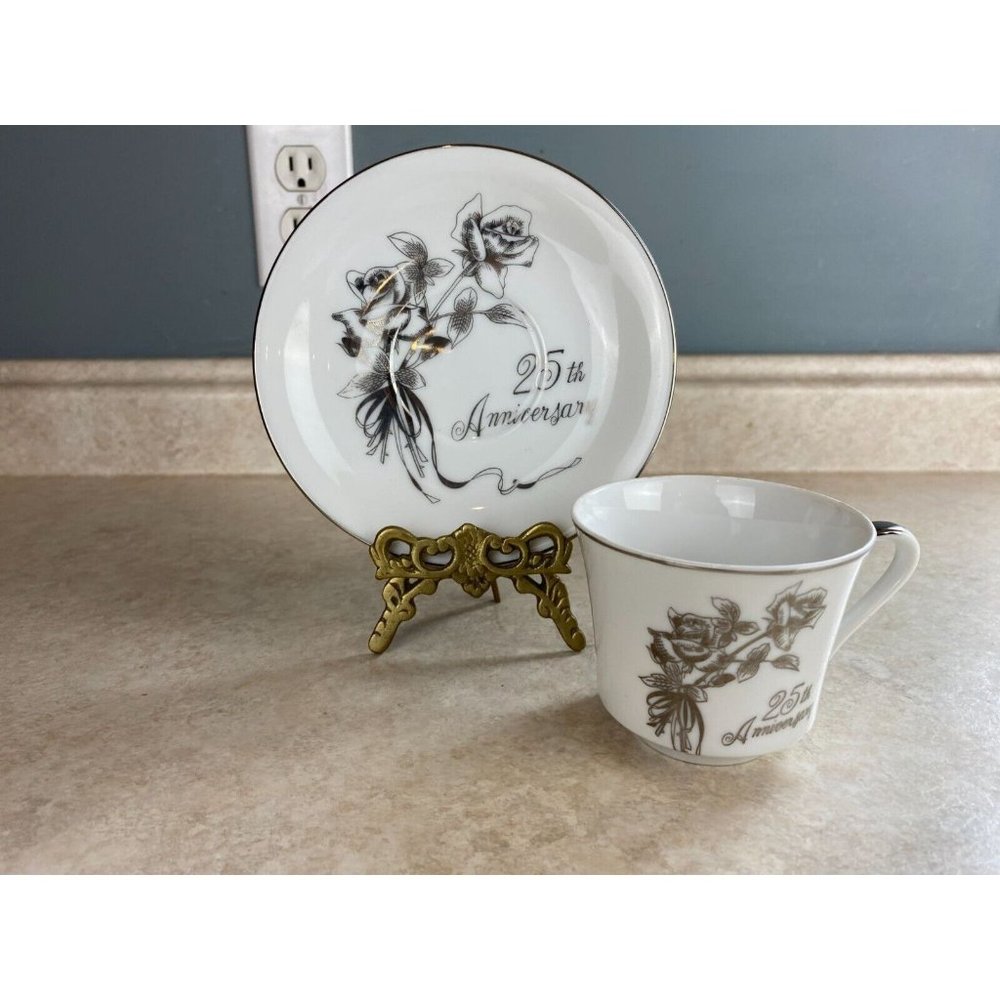 Gift Craft Bone China 25th Silver Wedding Anniversary Tea Cup And Saucer Set